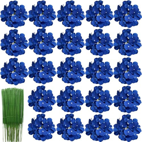 HinyoCo 28 Pcs Hortensias Artificiales, Hortensias de Seda Cabezas de Flores con Tallos Flores Falsas para Ramos de Novia, Decoración de Fiesta en el hogar, Arreglos, Centros de Mesa (Azul Tesoro)