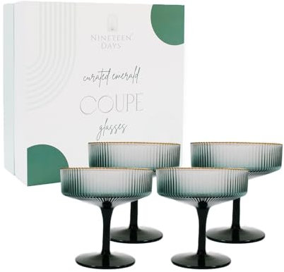 Nineteen Days Green Coupe Glasses Set of 4 Glasses with Gold Rim (8 Oz) Art Deco Coupe Glasses, Ribbed Martini Cocktail Glasses Gift Box, Vintage Champagne Glasses, Espresso Martini Glasses