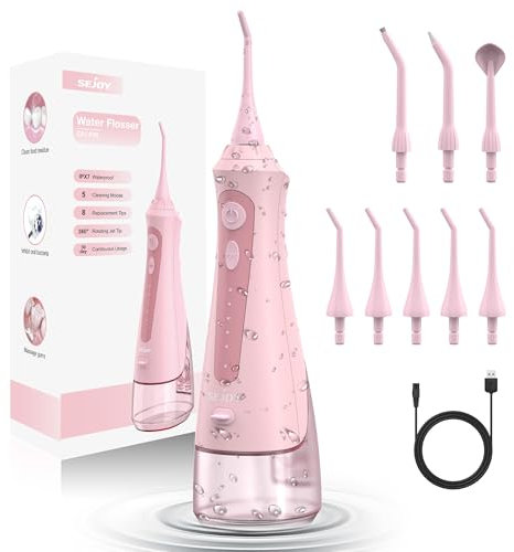 Sejoy Munddusche Kabellos Elektrisch, Oral Irrigator Dental, Zahnreinigung für Dental Clean, 8 Ersatzdüsen 5 Modi, IPX7 Wasserdicht 230ml
