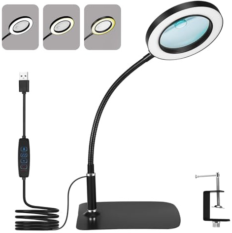 ExKeen Lupe mit Licht und Ständer, 10X 20X Lupenleuchte mit Klemme und Großer Basis, 72 LEDs, 3 Farbmodi 10 Helligkeit, Tischlupe mit Beleuchtung für Naharbeiten, Schmuck, Lesen, Basteln, Reparieren