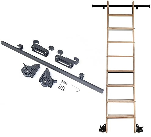 Retractable Hook on Rolling Ladder Hardware Library Sliding Ladder Hardware Kit Round Track/Rail(No Ladder), Rustic Black Round Tube Mobile Ladder Track Floor Roller for Home/Indoor/Loft(Size:6.6ft/2m