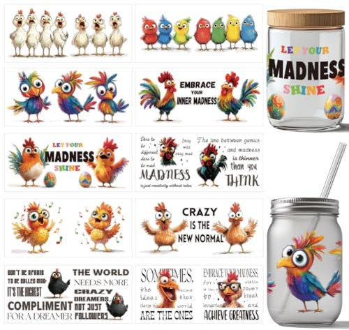 arricraft 10 autocollant de Transfert pour Enveloppe de Tasse UV DTF de Poulet Drôle 10 style de Papier Transfert Crazy Creature à Frotter Sur les Autocollants pour gobelets en verre de 16OZ 24x11cm