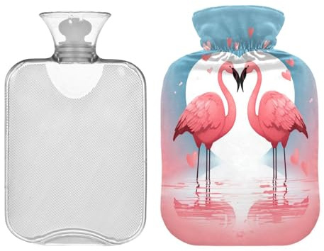 SKYSHU Flamingo Wärmflasche, 2 l, transparent, auslaufsicher, waschbar, hitzebeständig, Wasserflasche mit weichem Plüschbezug, für Menstruationskrämpfe, Nacken- und Schulterschmerzlinderung