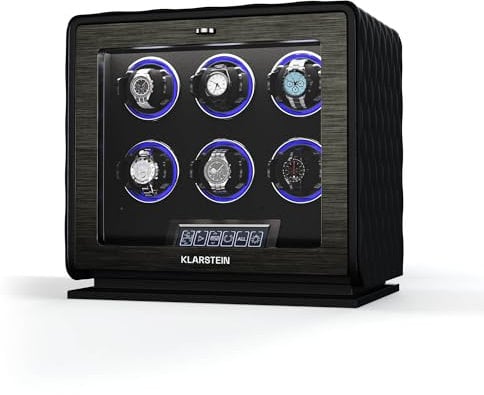 Klarstein LuminousTime Uhrenbeweger für 6 Uhren – Automatik-Uhrenbeweger mit Flüsterleisem Japanischem Motor, LCD-Touchpanel & Fernbedienung, RGB & LED-Beleuchtung, 20 TPD-Einstellungen, Veganem Leder