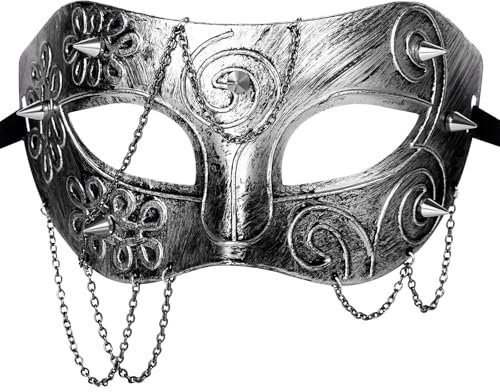 JewelryWe Steampunk Geistermaske Maskerade Maske: Antik Silber Venezianische Maske mit Metall Spike Nieten & Ketten Futuristische Tech-Stil Kostümmaske Gothic Halloween Karneval Party Augenmaske