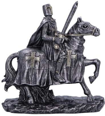 Nemesis Now Ritter Ready for Battle Figur Skulptur Metallic-Silber-Finish Mittelalterliche Kunst Dekor Pferderitter mit Schwert und Zügeln - zum Servieren