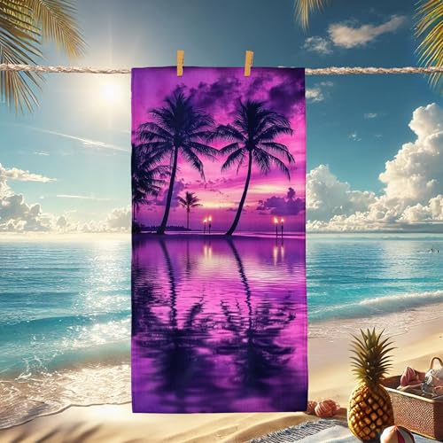 Tropical Sunset Microfiber Beach Towel Violet Palm Trees Bath Towel, Quick Dry Absorbent Soft Lightweight Sand Free Beach Blanket, Vacation Pool Camping Essentials 62x31 Inch