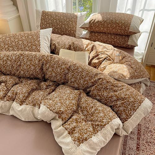GETIYA Elegant Blumen Bettwäsche 135x200 Karamell Bettwäsche mit Vintage Stickerei Spitzenbesatz Weich Baumwolle Bettbezug Damen Mädchen Blumen Deckenbezug mit 1 Kissenbezug 80x80