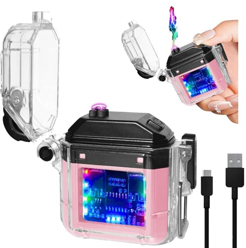 Electric Lighter Rechargeable Lighters Waterproof Windproof Flameless Fire Lighter Cigarette lighter with Battery Indicator and USB C Rechargeable for Outdoor Hiking Survival Equipment (Pink)