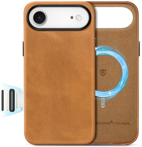 SHIELDON Lederhülle für iPhone Air 6,5 5G 2025, Retro Hellbraun | Kompatibel mit MagSafe, Magnetisch Kabelloses Laden, Echtleder, Metallknöpfe, Kamerasteuerung, Kratzfest, Rutschfest Case