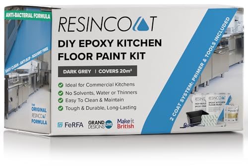 Resincoat Food Safe Kitchen Floor Paint Kit – Complete Primer, Epoxy Paint & Tools Bundle – Antibacterial & Anti Slip Finish for Food Prep & Commercial Kitchens – 20m2 Coverage (Dark Grey)