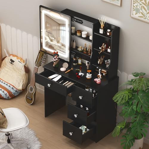 Vescence Schminktisch mit Spiegel und Beleuchtung, LED 3 Farbmodi, Schminken Tisch Mit 4 Schubladen Vanity Table 80 cm breit Klein Frisiertisch Mädchen Makeup Table Schwarz