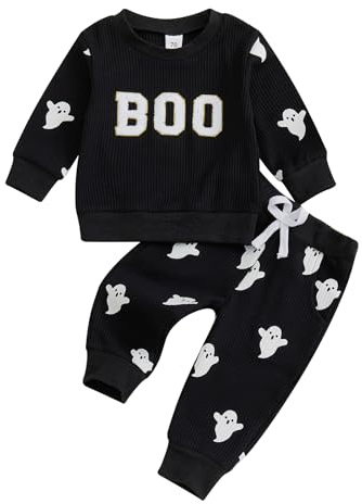 HZPHQY Kids Baby Boys Halloween Outfit Boo Embroidery Long Sleeve Sweatshirt Pants Toddler Infant Newborn Autumn Clothes (A Black Boo, 6-12 Months)