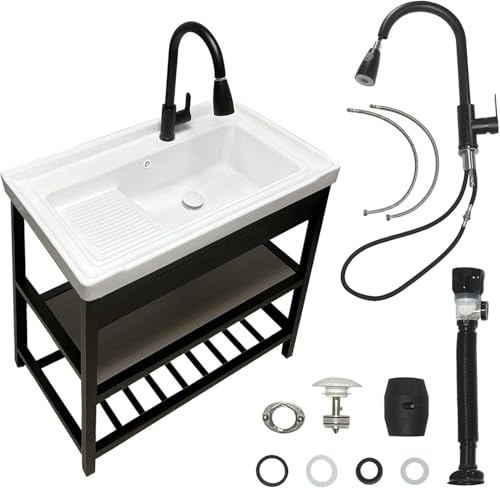 Fregadero comunal independiente, espaciosa estación de lavado comercial de cerámica blanca, fregadero inclinado con estante de almacenamiento de 2 capas, adecuado para lavanderías, garajes, sótanos