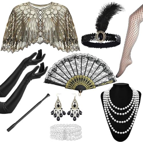 9 Stück 20er Jahre Kostüm Accessoire, 1920er Gatsby Kostüm Damen Charleston Flapper Kleid mit Schal Federstirnband Handschuhen Perlenkette Ohrringen Spitzenfächer Armband Vintage Karneval Party
