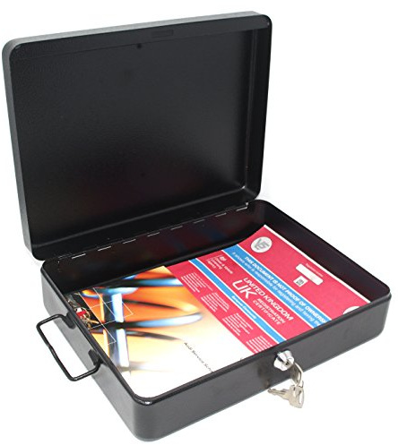 Lockable Steel Security Box with 2 Keys & Bolt Down Mounting Kit, 30cm Metal Storage Box for Medication, Cash, Documents & Valuables, Black
