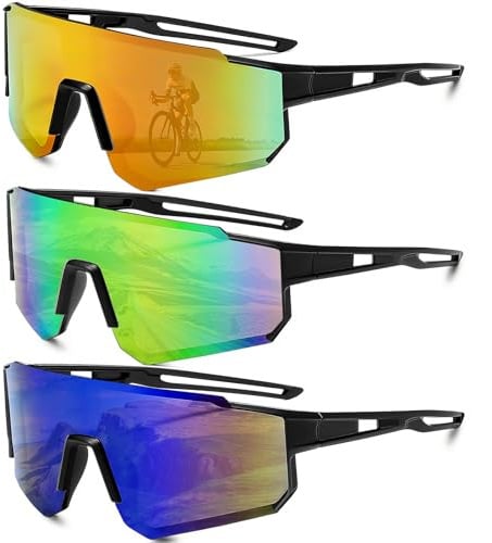 PQETBV 3 PCS Occhiali da Sole Ciclismo, Occhiali da Ciclismo Polarizzati, Occhiali Ciclismo Uomo Anti-UV, Occhiali Bici da Corsa per Attività All'aria aperta Mountain Bike Ciclismo Sci