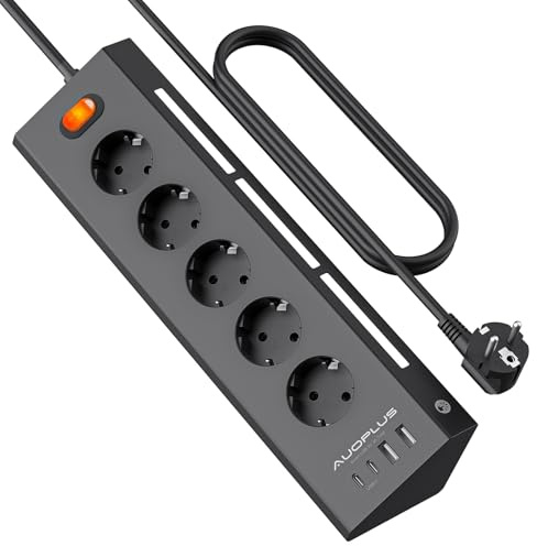 Steckdosenleiste mit USB, Steckdosenleiste Wandmontage mit LED-Nachtlicht | 5 Fach mit 2 USB-C & 2 USB-A-Anschluss, Mehrfachsteckdose mit Überspannungsschutz (3680W/16A), 2M Kabel, Schwarz