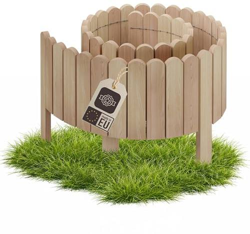 Be4Nature Rasenkante Holz 200 cm, 10 cm hoch, Beige – Mähkante | Flach am Rasen – der Mäher fährt einfach drüber. Vormontiert, biegsam, 5 Erdspieße, ohne Graben – roh, selbst lasierbar