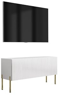 3E 3xE living.com TV-Schrank mit geriffelter Front, Mattweiß, gerade goldene Beine, 100 × 32 × 52 cm