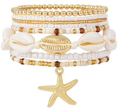 EKKONG 5 Stück Seesterne Muscheln Perlen Armband, Sommer Strand Armbänder für Damen, Boho Surferarmband Set, Stapelbar Schmuck Zubehör, Accessoires für Frauen Mädchen Beach Party Urlaub Geschenke (C)