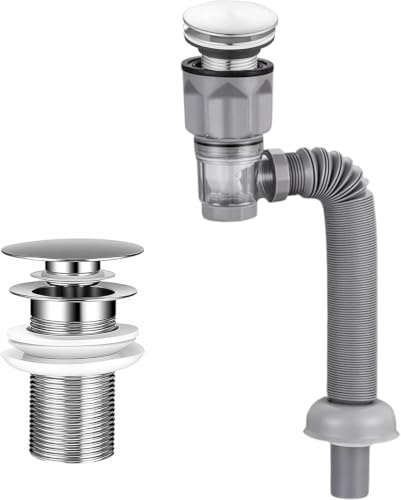 Dexpally Kit Scarico Lavandino Bagno Acciaio Inossidabile, Tubo Flessibile Allungabile (300-1000mm) con Pop-Up Antiodore & Prova Insetti, Montaggio Senza Strumenti, per Bagno e Cucina.(Grigio)