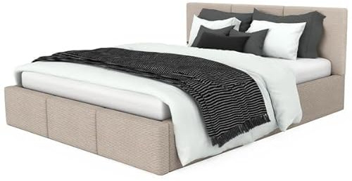 Muralo Polsterbett 160x200 cm mit Bettkasten - Beige | Doppelbett mit Gestepptem Kopfteil, Lattenrost, Cordbezug, Wasserabweisend & Kratzfest, ohne Matratze
