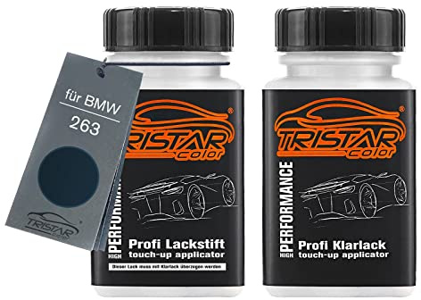 TRISTARcolor Autolack Lackstift für BMW 263 Dunkelblau + Klarlack | Set aus Basislack + Klarlack, Lackfläschchen mit Pinsel, je 50ml