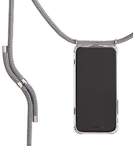 KNOK Handykette Kompatibel mit Apple iPhone 11 Pro Max - Silikon Hülle mit Band - Handyhülle zum Umhängen - Transparent Case mit Schnur - Schutzhülle mit Kordel in Grau - Silver Metall