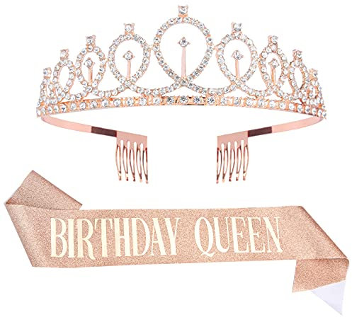 ISIYINER Geburtstags Krone und Schärpe, Kristall Geburtstag Tiara Strass Kronen mit Geburtstags Schärpe für Mädchen Geburtstagsfeier Haar-Zusätze (Golden)