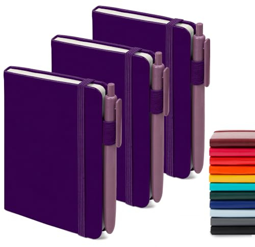 feela 3 Pack A6 Pocket Notebooks, Lined Mini Notepads with Pens, Purple | Hardback Small Journal Bulk for Work, Writing Plans, Memos, Office School Supplies, 112 College Ruled Pages, 9 X 14cm