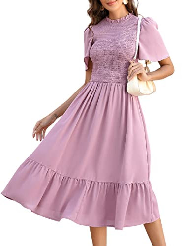 KOJOOIN Damen Kleid Lange Sommerkleid Casual Swing Kleid Kurzärm Maxikleid Rüschen Freizeitkleid Lila M