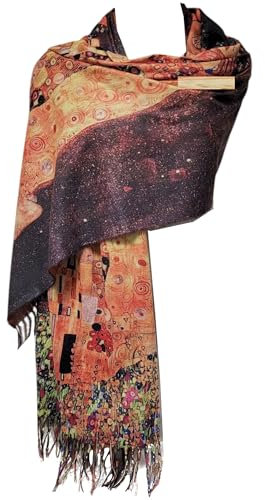 GFM® Schal aus Wollmischung, Kaschmir-Textur, Malerei, Kunstdruck, Schal, Schal für Herbst und Winter (PWSHL) (Pwshl-klimt The Kiss Braun)