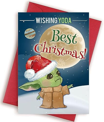 TTBDKKDM Wishing Yo-da Beste Weihnachtskarte, Frohe Weihnachten Karte für Familie Freunde Liebhaber, Süße Baby Yo-da Weihnachtskarte, Happy Holiday Karte mit Umschlag, Happy New Year Grußkarte