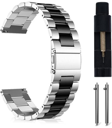 MaEiol 20mm Correa Metal para Garmin Vivoactive 6/5 / Garmin Forerunner 570 42mm /Forerunner 165/165 Music/Approach S50/S44 /Venu Sq 2, Correas Pulsera Acero Inoxidable Repuesto - Plata&Negro