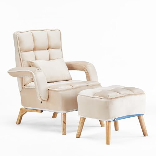 TUKAILAI Relaxsessel mit liegefunktion,Ohrensessel mit hocker,Samt-Sessel Wohnzimmer,relaxsessel mit schlaffunktion,fernsehsessel,Seitentaschen,Holzbeinen,loungesessel,Creme