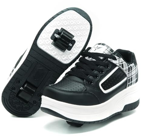 HUSKSWARE Jungen Mädchen Automatisch 2 Räder Skateboardschuhe, Rollschuhe für Kinder Schuhe Mit Doppelt Rollen, Outdoor Fitnessschuhe Sneakers, Schwarz-Weiß, 38 EU