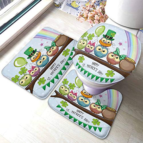 Set 3 Teilig Badvorleger Fünf Eulen St Patricks Süße Fünf Eulen Badgarnitur Badematten Dekorative Wasserabsorbierend Konturmatte, Für Spa, Badezimmer