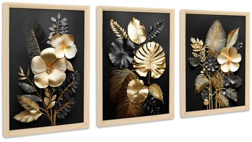 3Pcs Fleurs 3D en Or Noir Cadre en Bois Impression sur Toile Feuilles Dorées Tropical Image sur Toile Peinture Tableau Decoration Murale Salon Chambre Maison 90x40cm(12x16x3pcs) (Pas de plexiglas)