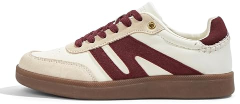 LUCKY STEP Women Classic Retro Gum Sole Fashion Sneakers Casual Tennis Skate Shoe Genuine Leather Walking Footwear Anti Slip Trainers(Beige/Red,7)