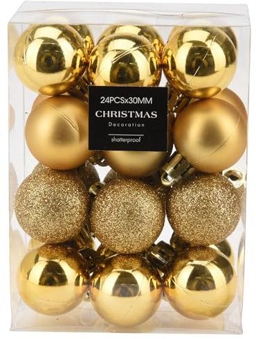 24 x Mini Baumkugeln Ø 3 cm zum Hängen - Bruchsicher - Baumschmuck Kunststoff für Innen und Außen - Kleine Christbaumkugeln (Gold (matt + Glanz + Glitzer))