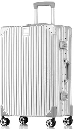 yuweijie Handgepäck Koffer&Trolleys Alurahmen Hartschalen in Polycarbonat,Reisekoffer mit 4 Rollen,Größ Koffer,TSA-Schloss S (Silber,35L,55x36x22