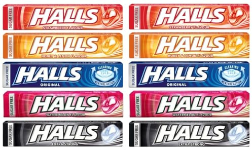 Halls Mints Mix – Mix di gusti alla menta – Fragola | Miele e limone | Originale | Anguria | Extra forte - 10 bustine da 35 g ciascuna