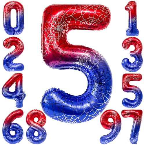 KOBOKO Spider Geburtstagsdeko 5 Jahre Junge, 40 Zoll Spider Luftballon 5 Geburtstag Junge, 101 cm Spidey Folienballon 5 Luftballons Zahl, Spider Deko Ballons Geburtstag 5 Jahre Junge Superhelden Deko