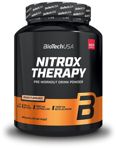 BioTechUSA Nitrox Therapy | Mit Vitamin B6, Magnesium und Koffein | 16 Wirkstoffe | Glutenfrei, Laktosefrei, 680 g, Pfirsich