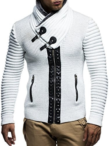Leif Nelson Herren Strickjacke Schalkragen Slim Fit Winter-Freizeit-Jacke Sommer Moderne Männer Pulli Grobstrick Sweatjacke Langarm Herren schwarzer Hoodie-Pullover 5165 Ecru-Grau Medium