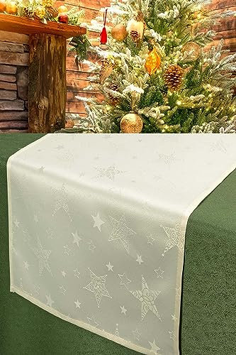 KAMACA Lotus Effekt Läufer Magic Stars mit Sternen Motiv - Fleckschutz Flüssigkeiten perlen ab farb- & formstabil stilvoller Glanz Advent & Weihnachten (Tischläufer 40x140 cm, Champagner/Creme)