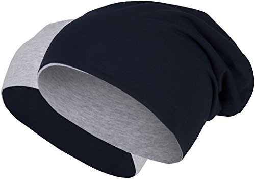 2 in 1 Wendemütze - Reversible Slouch Long Beanie Jersey Baumwolle elastisch Unisex Herren Damen Mütze Heather in 24 (8) (Light Grey/Dark Blue)