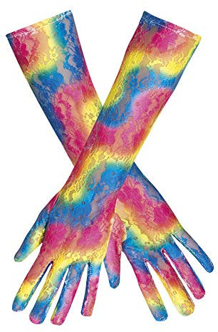 Spitzen Handschuhe Lang - Rainbow - Wunderschöner Netzhandschuh mit bunten Blumen Stickereien zu Clown Fee oder Einhorn Kostüm Karneval Mottoparty Junggesellinnenabschied, Lang, Mehrfarbig