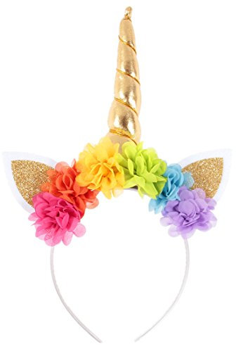 JMITHA Serre-tête licorne avec Fleurs Halloween Chapeau Déguisement Bandeau Feutre Corne Oreilles Mignon Licorne Unicorn Bandeau Cheveux Coiffure Licorne Serre tete Feutre Unicorn Soire Cosplay (gold)